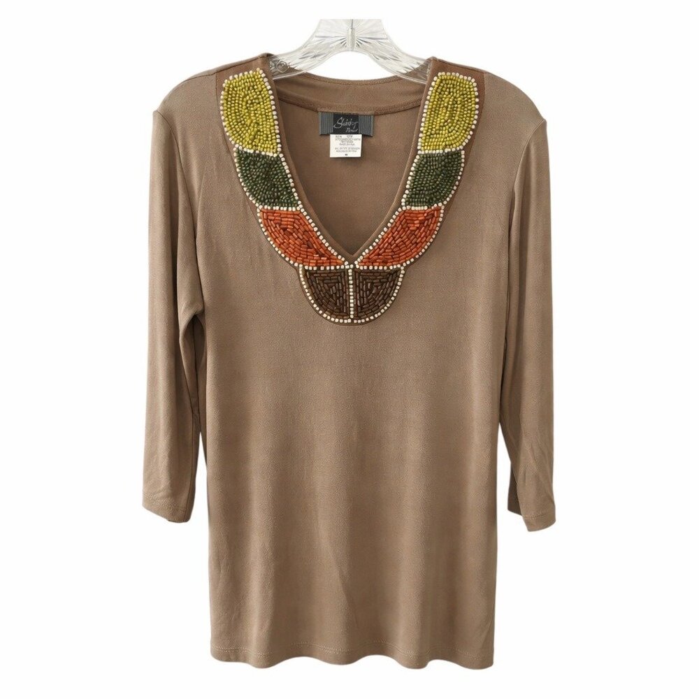 Y2K Slinky Brand Beaded Neckline Top Made in USA Size M